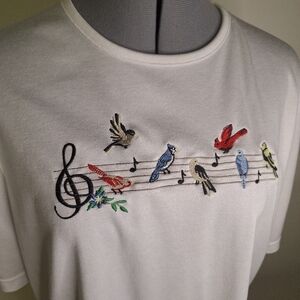 Bosworth Birds on Musical Staff Embroidered Bird Tee Size XXL